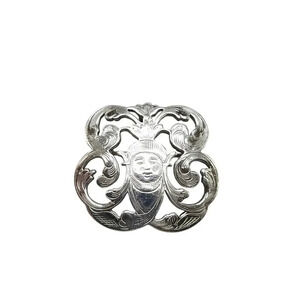 IC Signed Sterling Silver Etched Goddess Face Swirl Brooch Pin Vintage